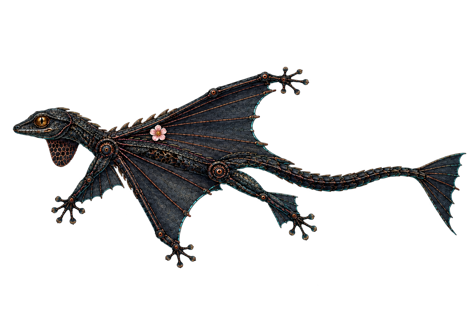 D in aquatic mode, a female near-black Draco-inspired synthetic glider with one pale flower caught at her left patagium hinge.