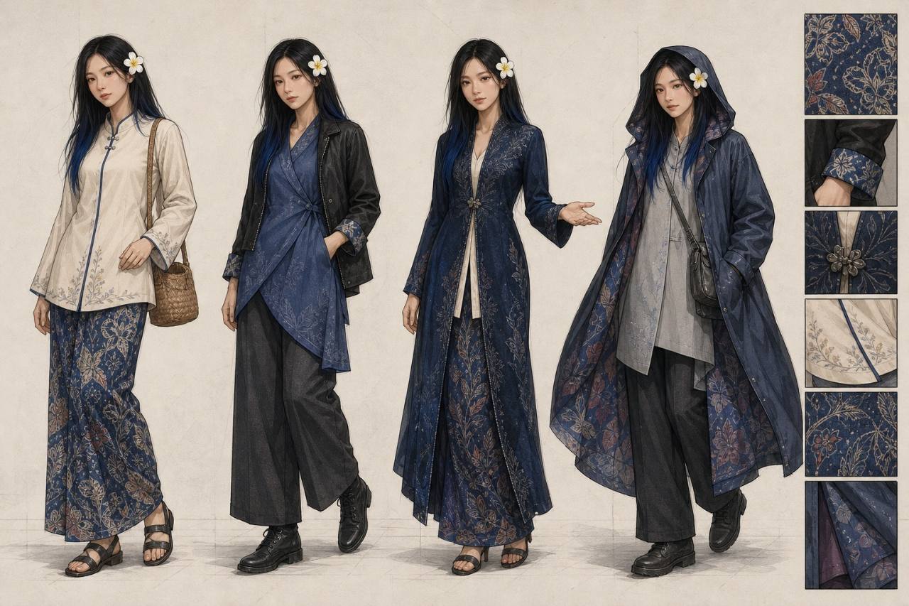 Baby V house mascot concept sheet in four indigo and botanical Malaysian outfits: garden, engine-room, ceremonial house and rain-field modes.