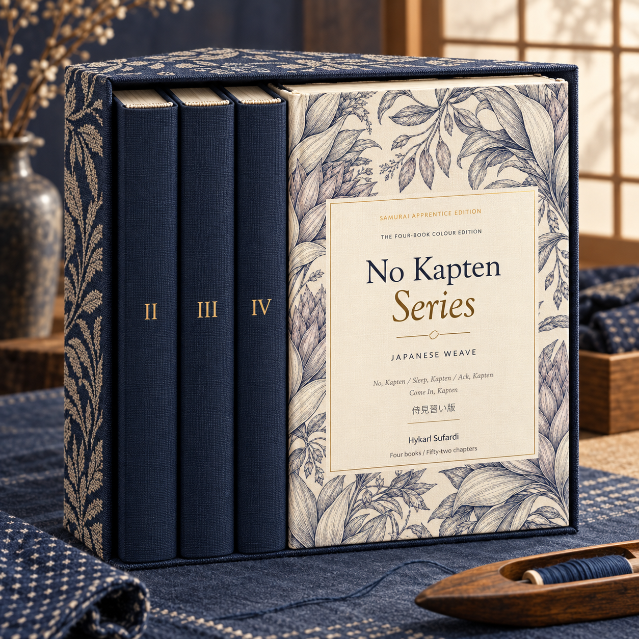 The public No, Kapten four-book Japanese Weave colour collection shown as a hardcover set mockup.
