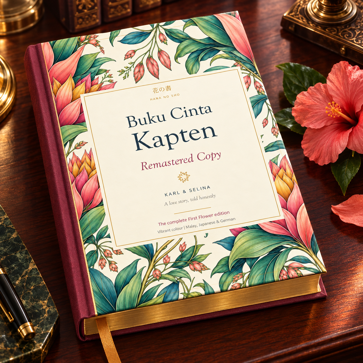 Buku Cinta Kapten public remastered edition shown as a botanical hardcover cover mockup.