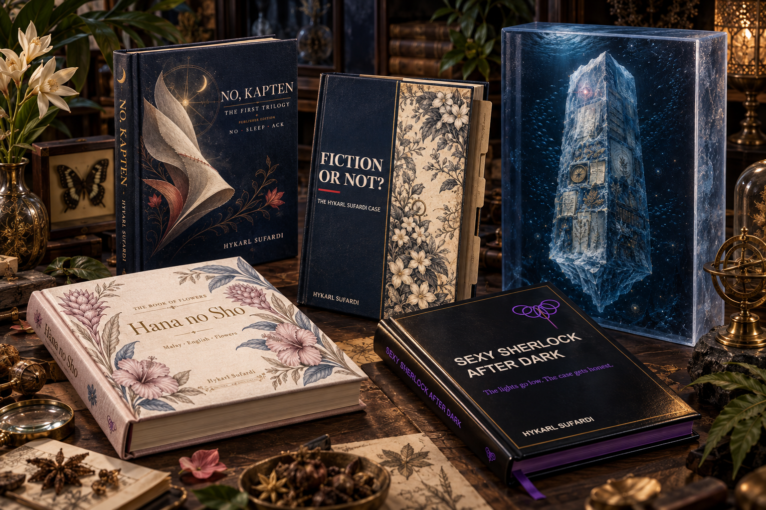 Akal Jentera’s botanical and illustrated book editions arranged on a reading table.