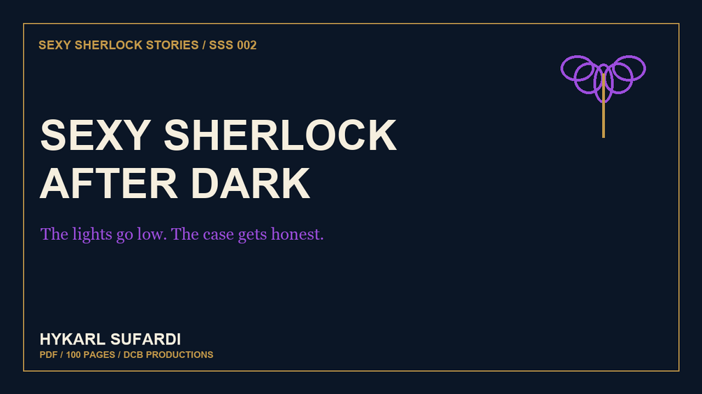 Midnight-blue Sexy Sherlock After Dark cover with cream type and a violet botanical line mark.