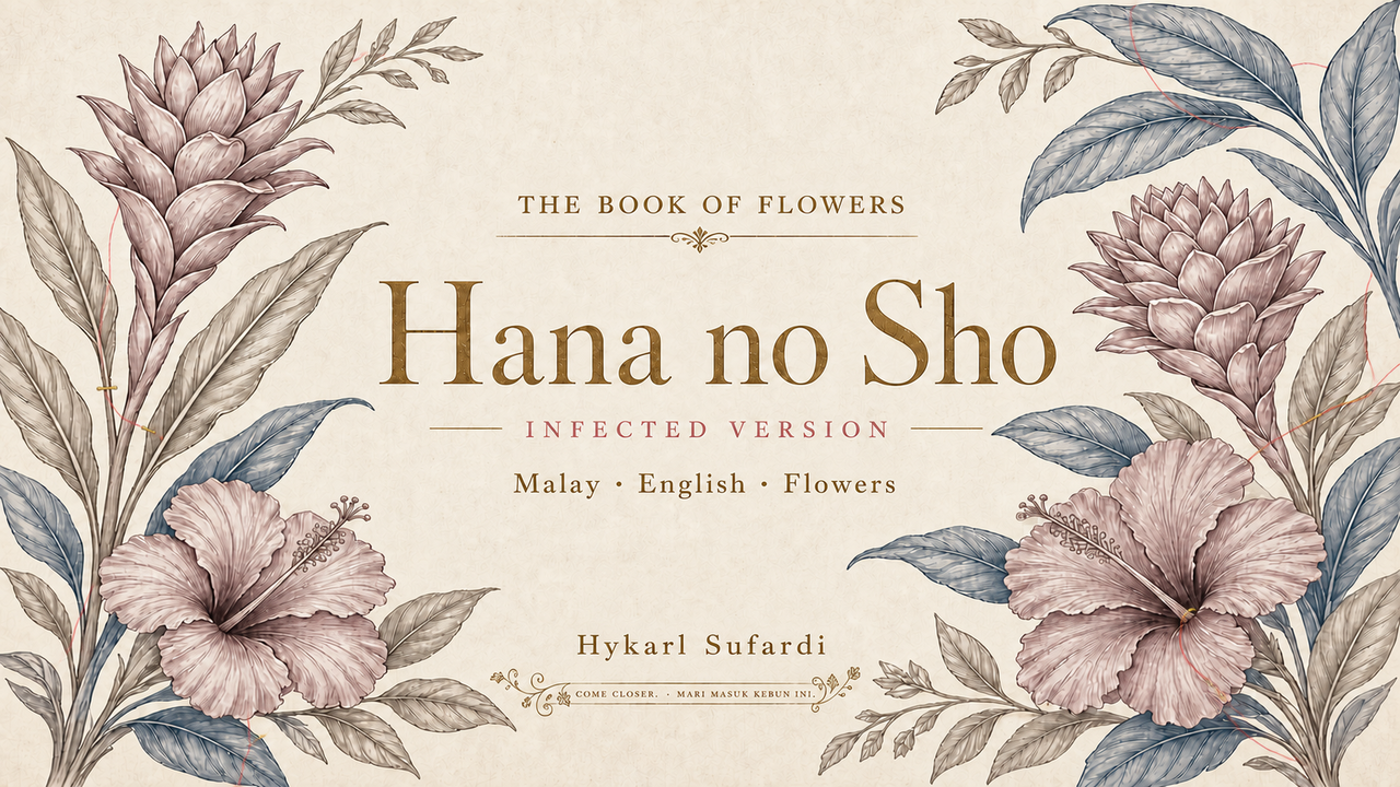 Hana no Sho botanical garden artwork with tropical flowers and blue-grey leaves.