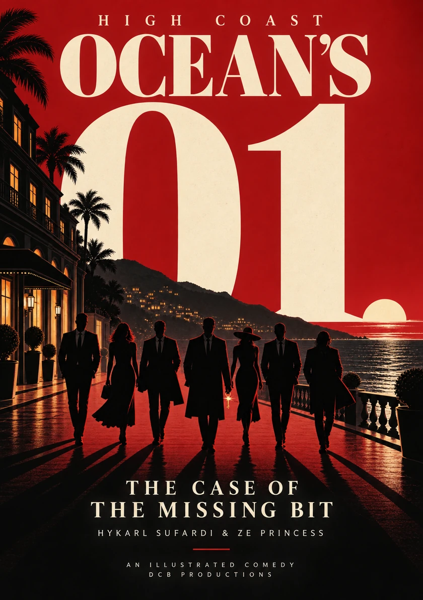 High Coast Ocean’s 01: seven fictional crew silhouettes outside a coastal hotel, in a red, black and ivory movie-poster illustration.
